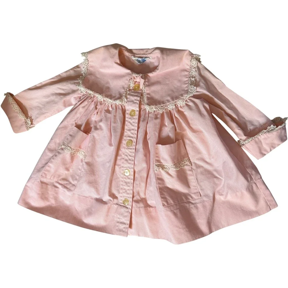 Suzy Brooks Suzanne Godart Vintage Girls Pink Lace Trim‎ Swing Coat Jacket Retro